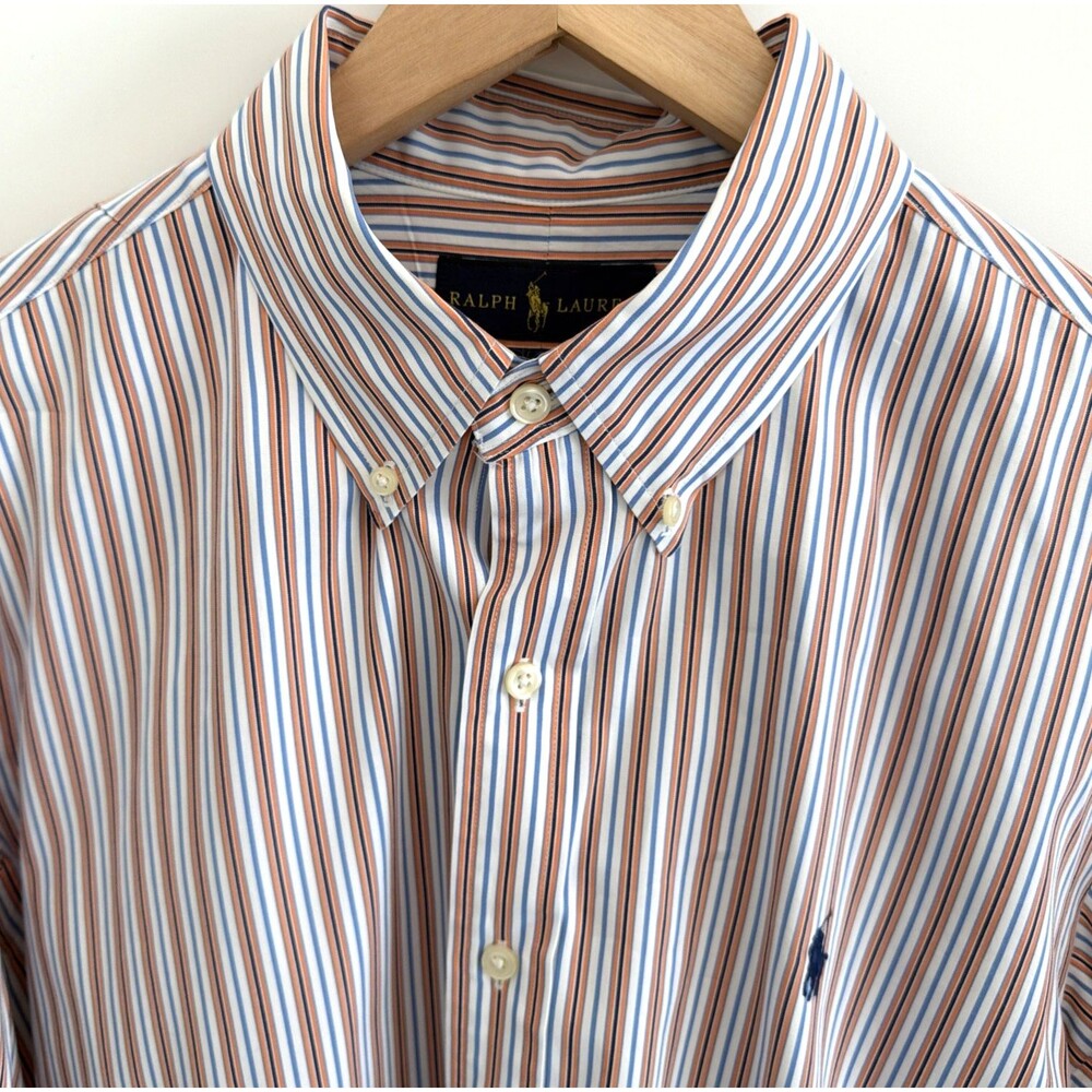 Ralph Lauren Polo Mens L Custom Fit Dress Shirt Orange Blue Pony Vertical Stripe